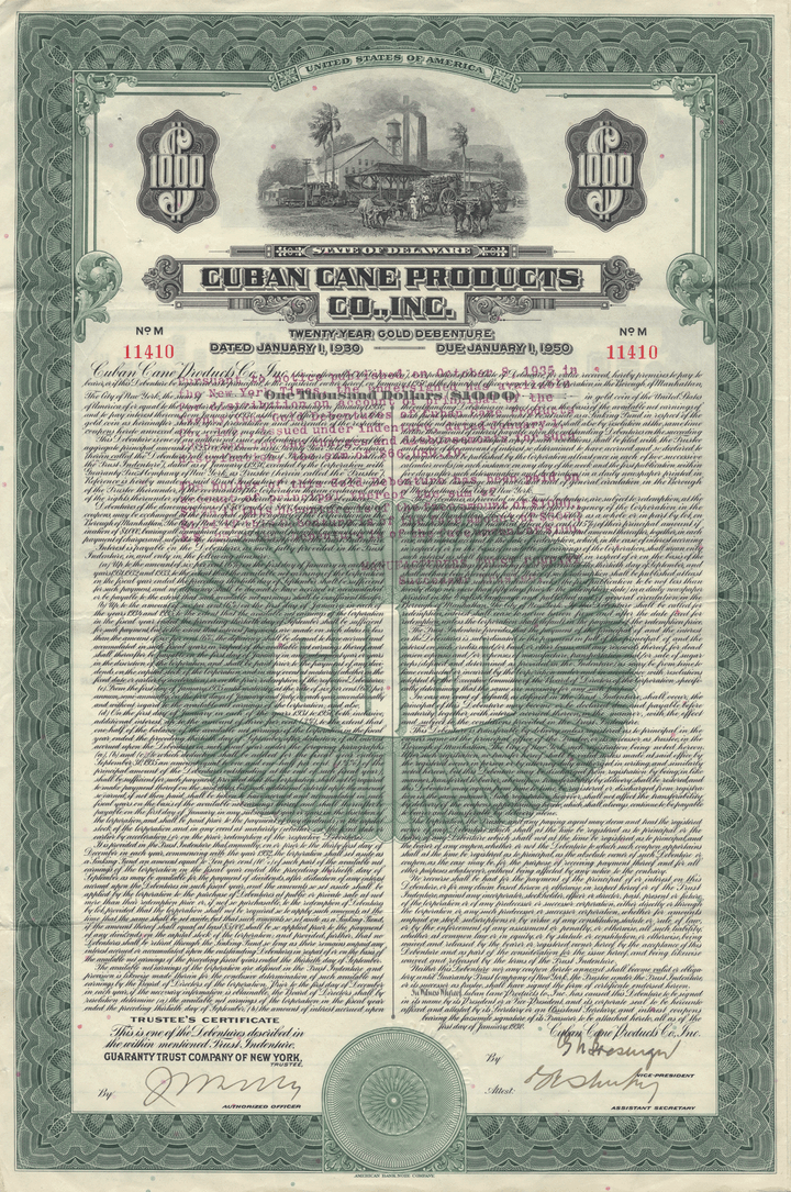 Cuban Cane Products Co., Inc. Bond Certificate