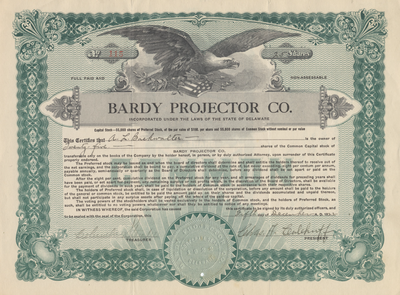 Bardy Projector Co. Stock Certificate - Ghosts of Wall Street