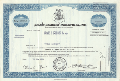Magic Marker Industries, Inc. Stock Certificate