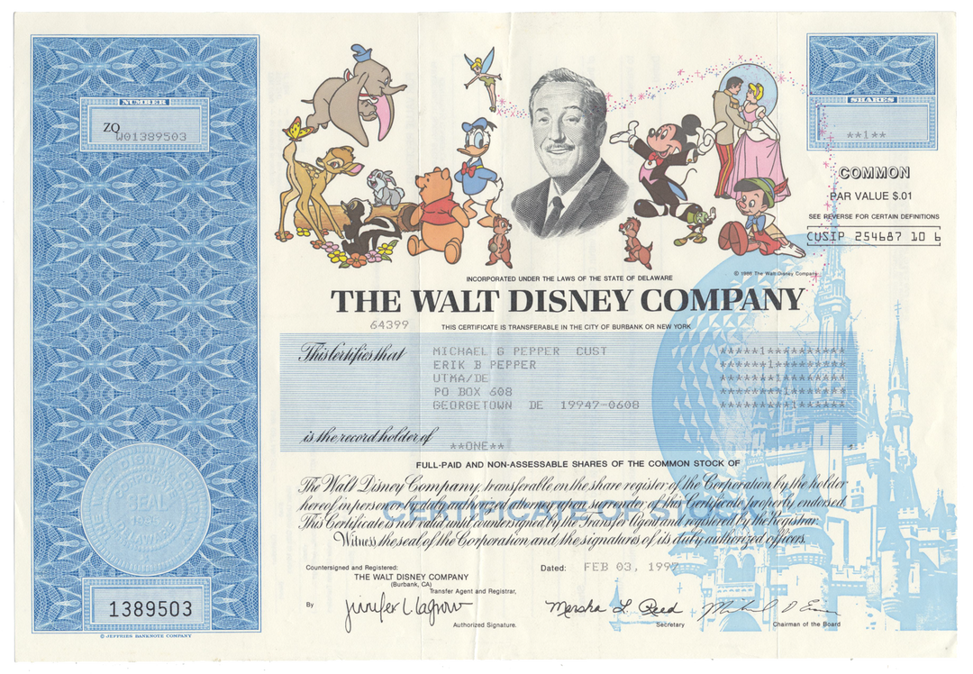 Walt Disney Company Stock Certificate