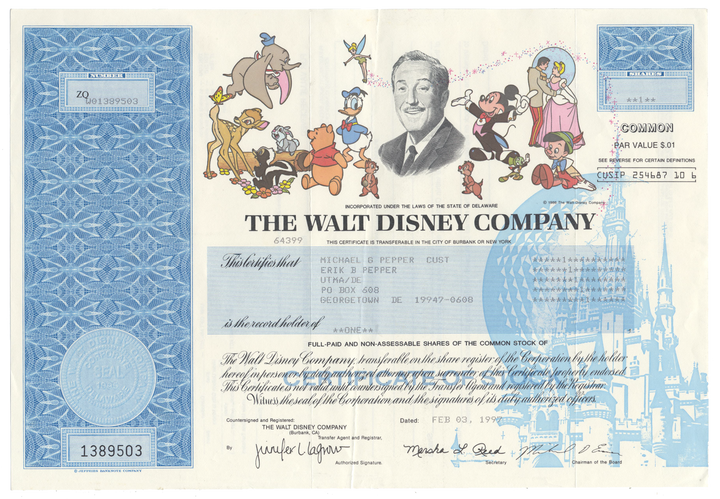 Walt Disney Company Stock Certificate