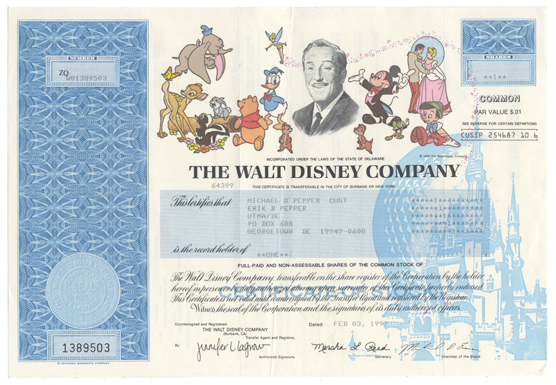 Walt Disney Company Stock Certificate