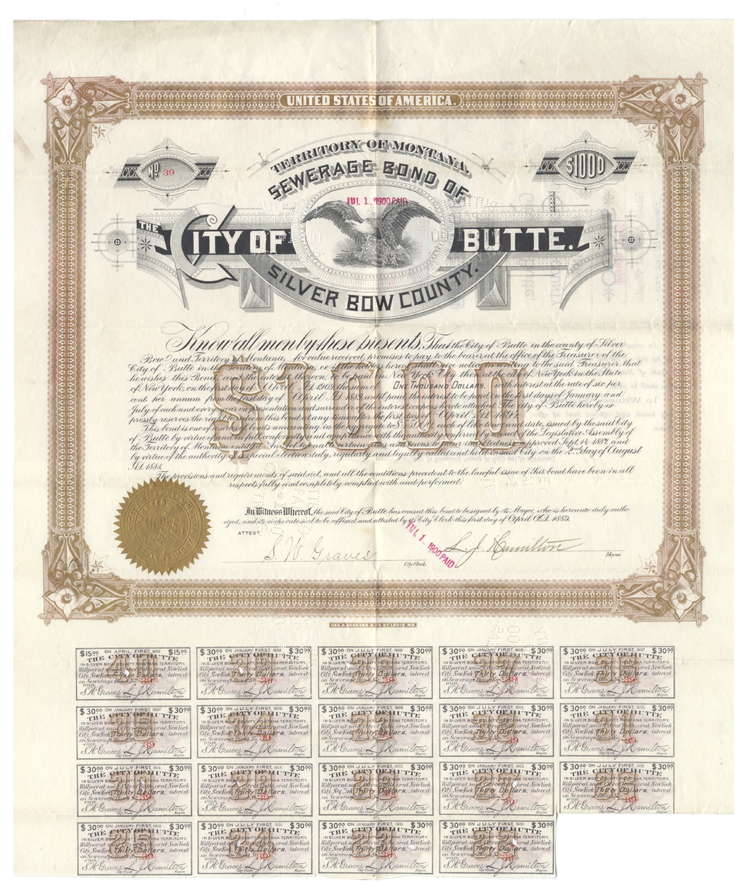 Butte, City of, Silver Bow County, Montana Bond Certificate