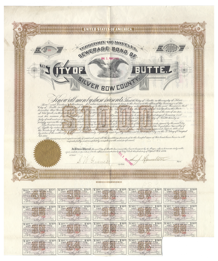 Butte, City of, Silver Bow County, Montana Bond Certificate