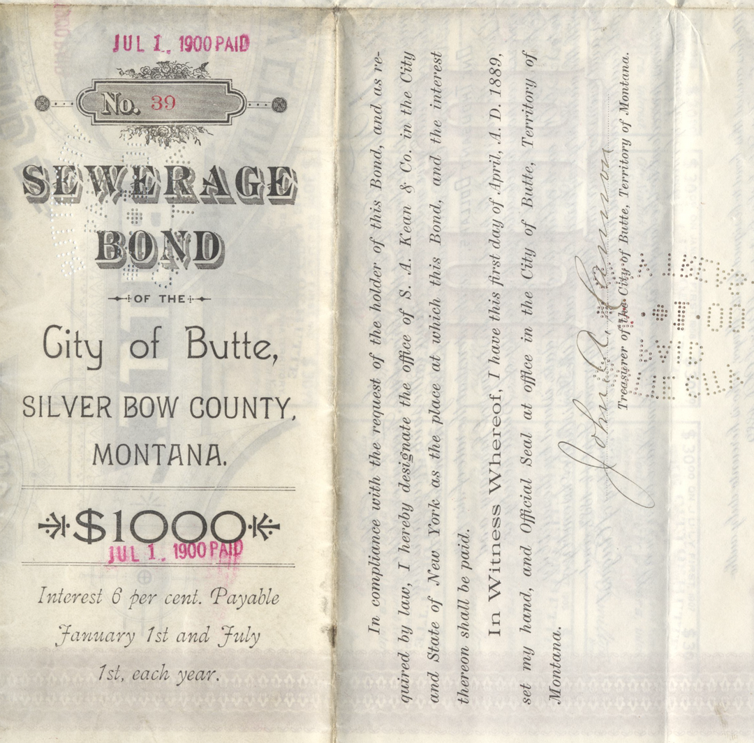 Butte, City of, Silver Bow County, Montana Bond Certificate