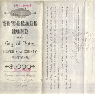 Butte, City of, Silver Bow County, Montana Bond Certificate