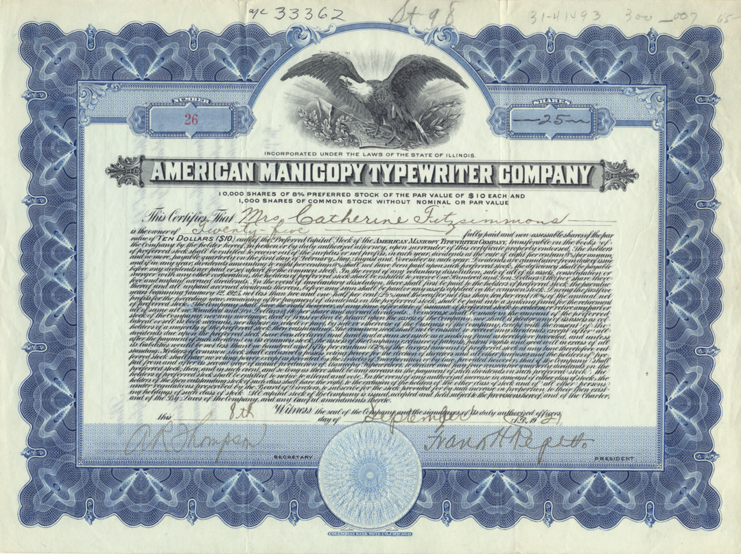 American Manicopy Typewriter Company Stock Certificate