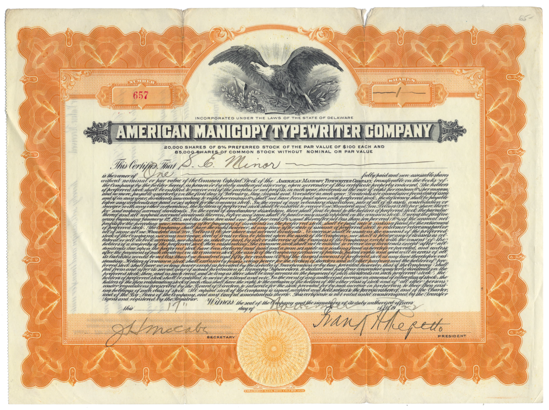 American Manicopy Typewriter Company Stock Certificate