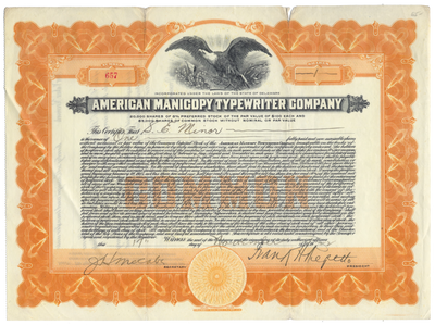 American Manicopy Typewriter Company Stock Certificate
