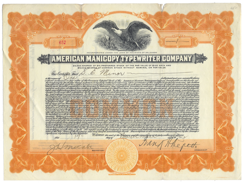 American Manicopy Typewriter Company Stock Certificate