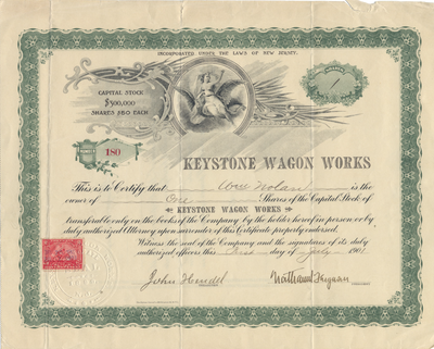 Keystone Wagon Works Stock Certificate