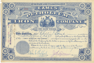 Eames Petroleum Iron Company Stock Certificate