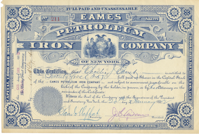 Eames Petroleum Iron Company Stock Certificate