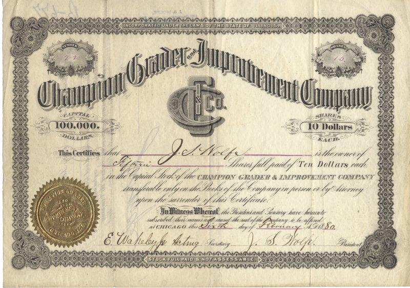 Champion Grader and Improvement Company Stock Certificate