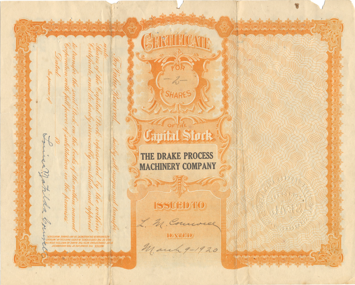 Drake Process Machinery Company Stock Certificate