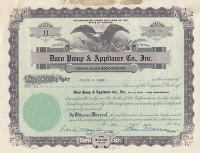 Duro Pump & Appliance Co., Inc. Stock Certificate
