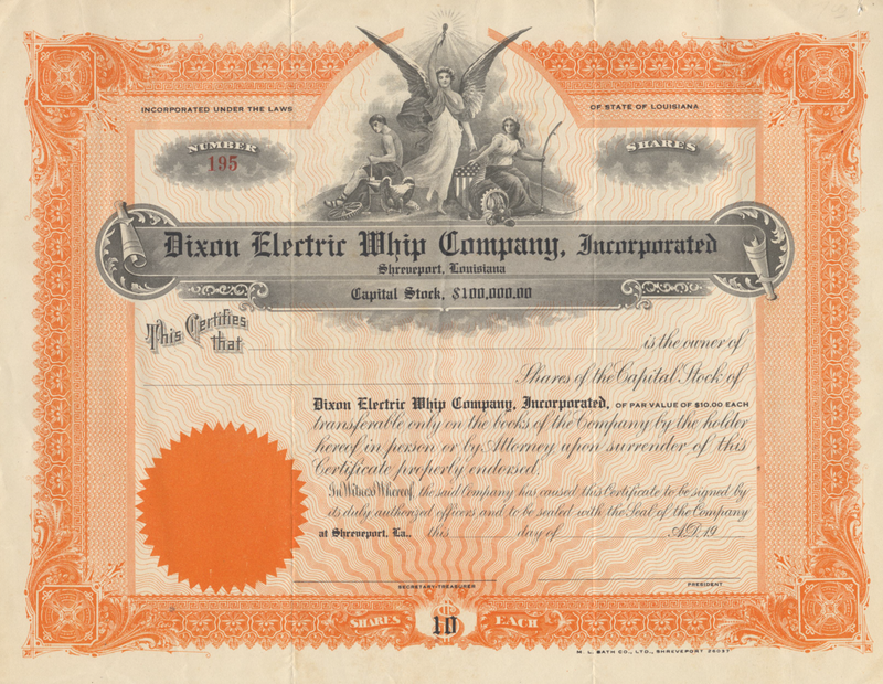 Dixon Electric Whip Company, Incorporated Stock Certificate