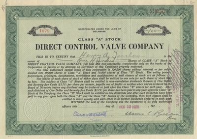 Direct Control Valve Company Stock Certificate