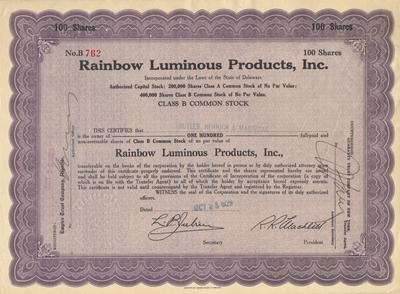 Rainbow Luminous Products, Inc. Stock Certificate