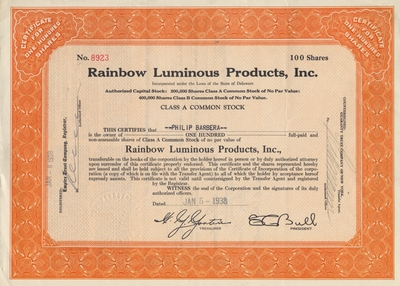 Rainbow Luminous Products, Inc. Stock Certificate