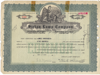 Sirian Lamp Company Stock Certificate