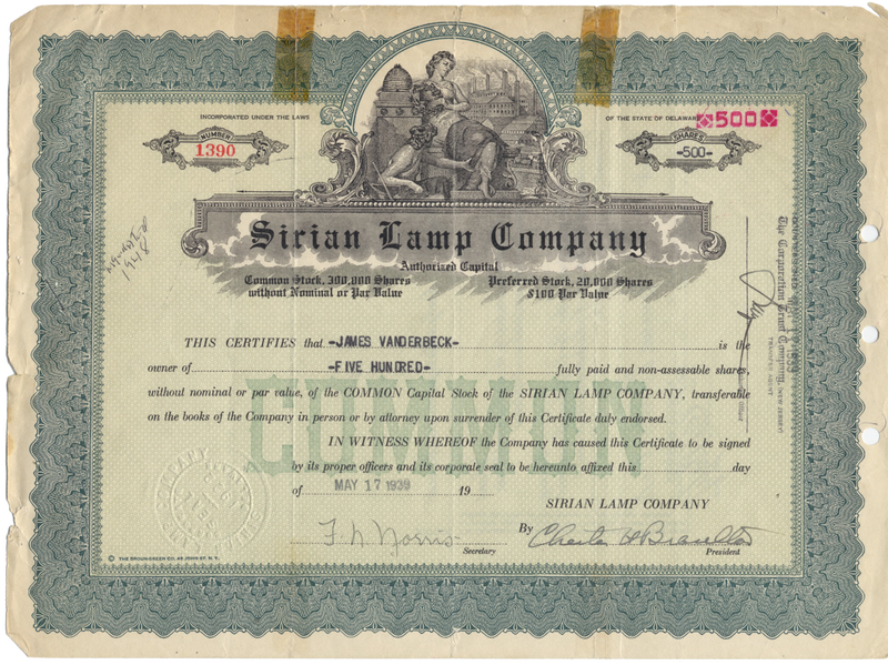 Sirian Lamp Company Stock Certificate