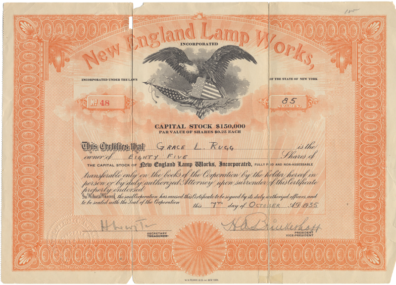 New England Lamp Works, Inc. Stock Certificate