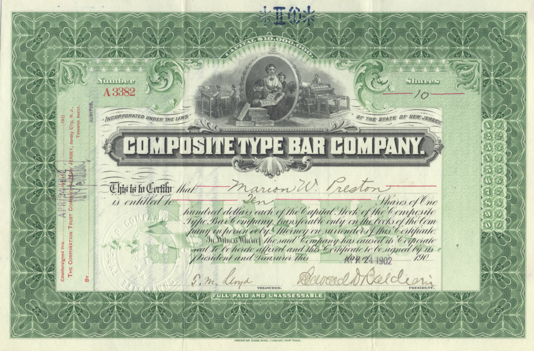 Composite Type Bar Company Stock Certificate