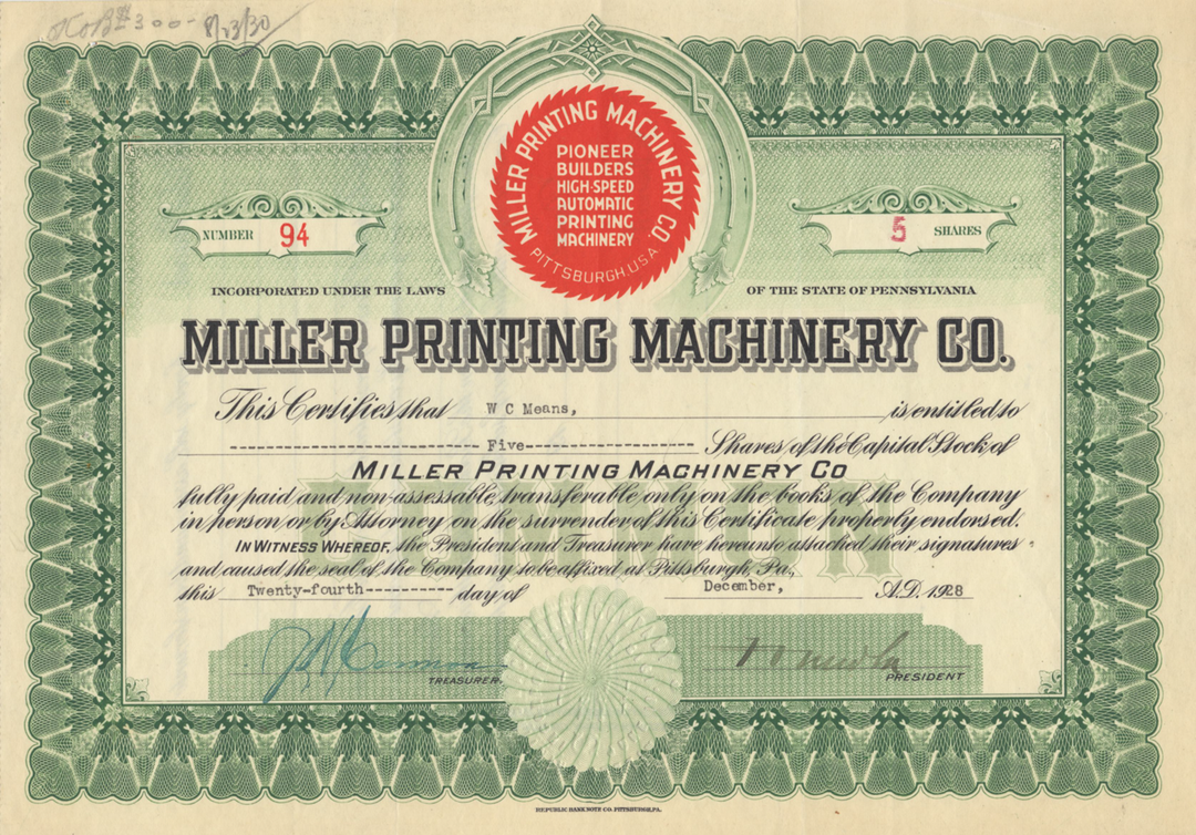 Miller Printing Machinery Co. Stock Certificate