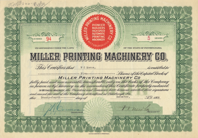 Miller Printing Machinery Co. Stock Certificate