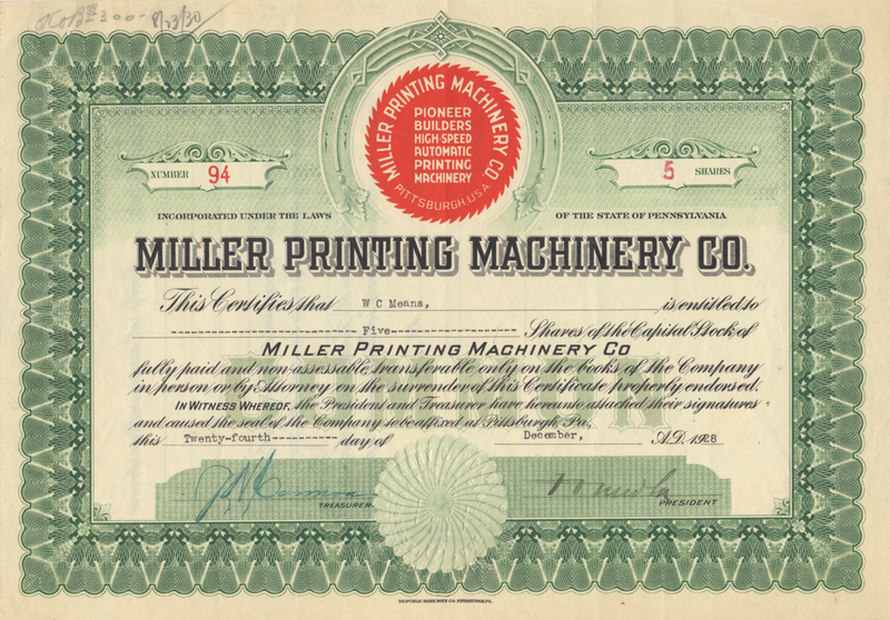 Miller Printing Machinery Co. Stock Certificate