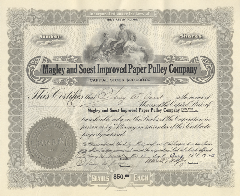 Magley and Soest Improved Paper Pulley Company Stock Certificate