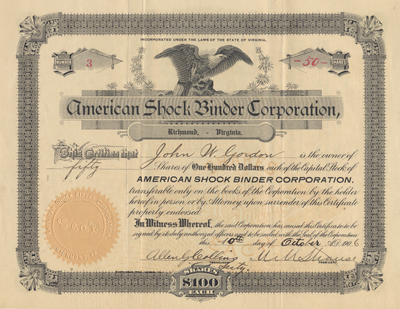 American Shock Binder Corporation Stock Certificate