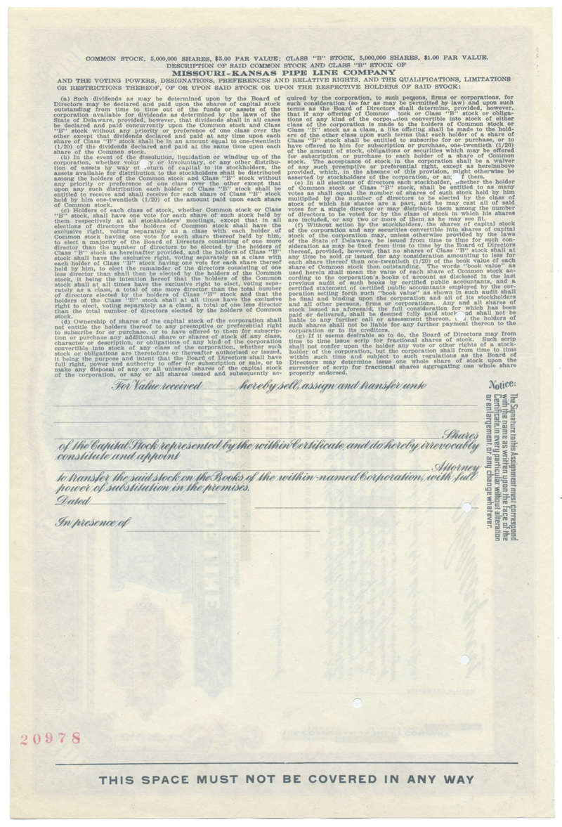 Missouri-Kansas PIpe Line Company Specimen Stock Certificate