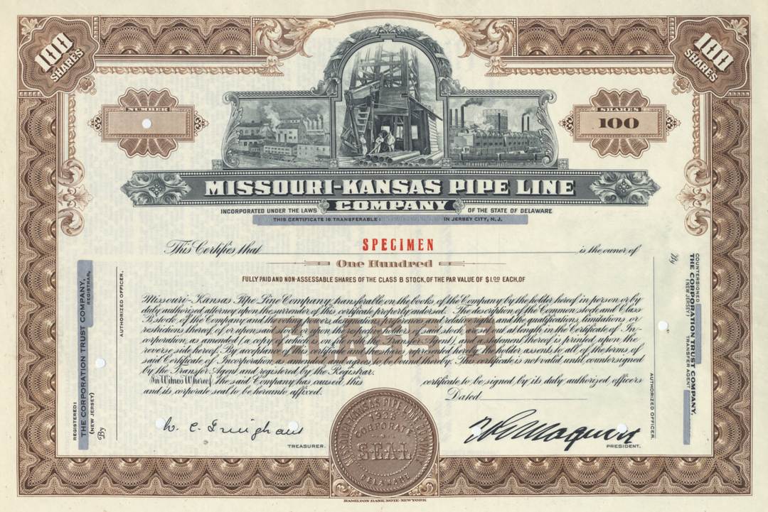 Missouri-Kansas PIpe Line Company Specimen Stock Certificate