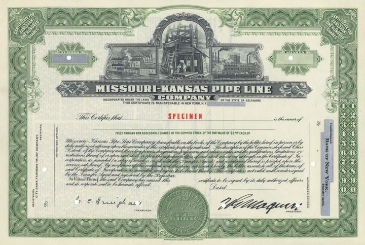 Missouri-Kansas PIpe Line Company Specimen Stock Certificate