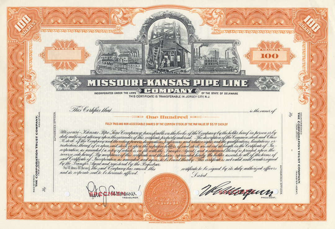 Missouri-Kansas PIpe Line Company Specimen Stock Certificate