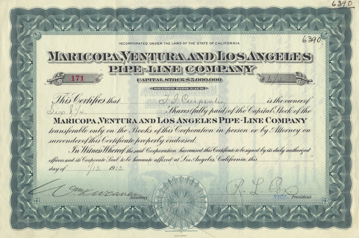 Maricopa, Ventura and Los Angeles Pipe-Line Company Stock Certificate