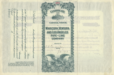 Maricopa, Ventura and Los Angeles Pipe-Line Company Stock Certificate