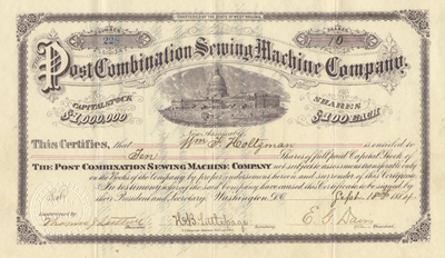 Post Combination Sewing Machine Company Stock Certificate