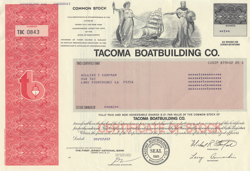 Tacoma Boatbuilding Co. Stock Certificate