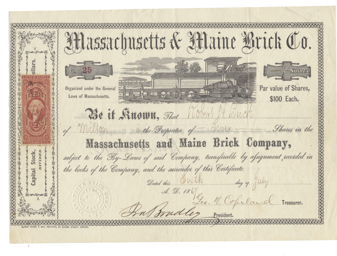 Massachusetts and Maine Brick Company Stock Certificate