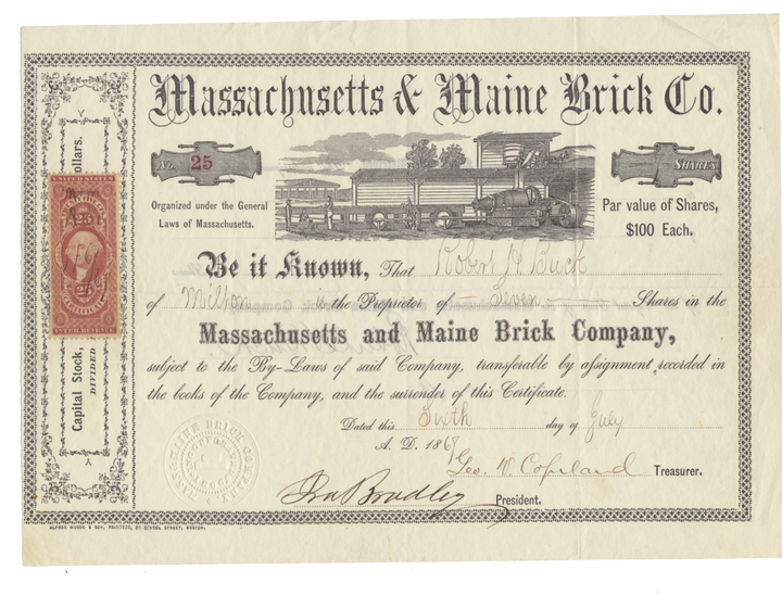 Massachusetts and Maine Brick Company Stock Certificate