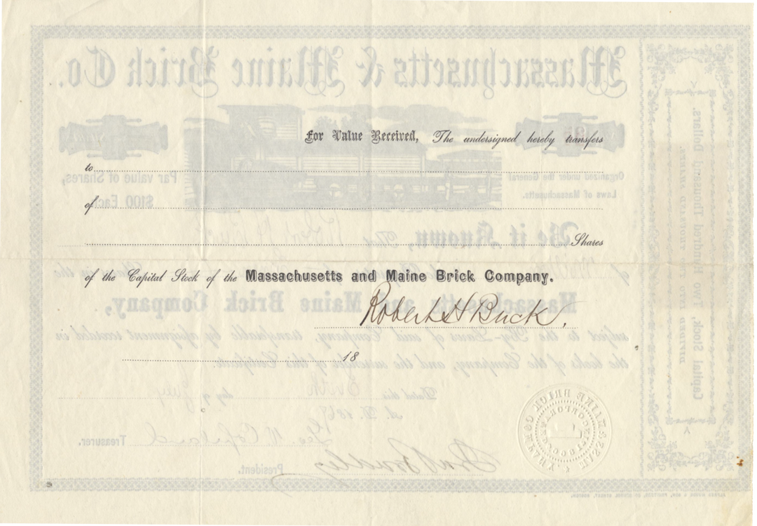 Massachusetts and Maine Brick Company Stock Certificate