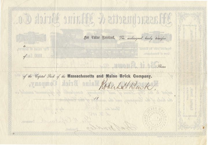 Massachusetts and Maine Brick Company Stock Certificate