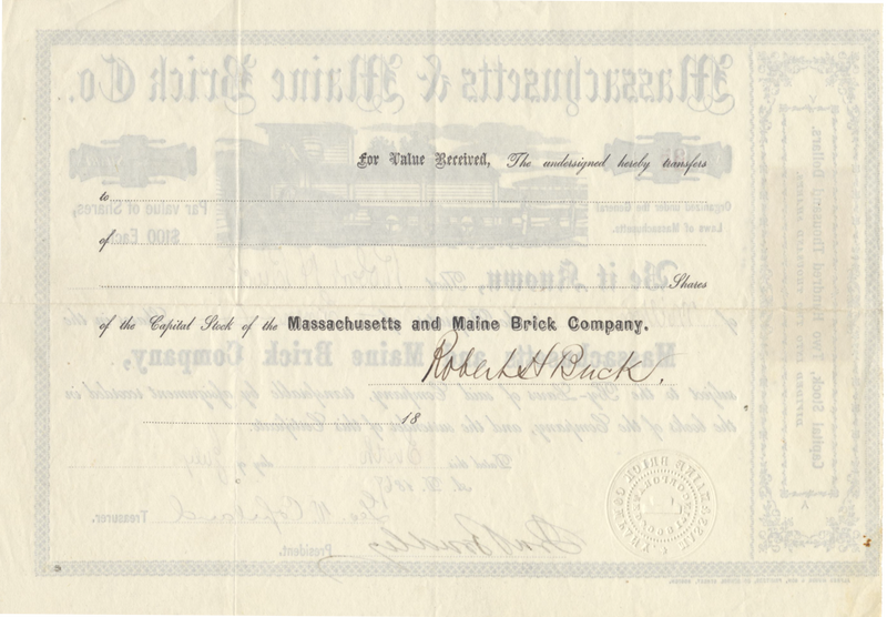 Massachusetts and Maine Brick Company Stock Certificate