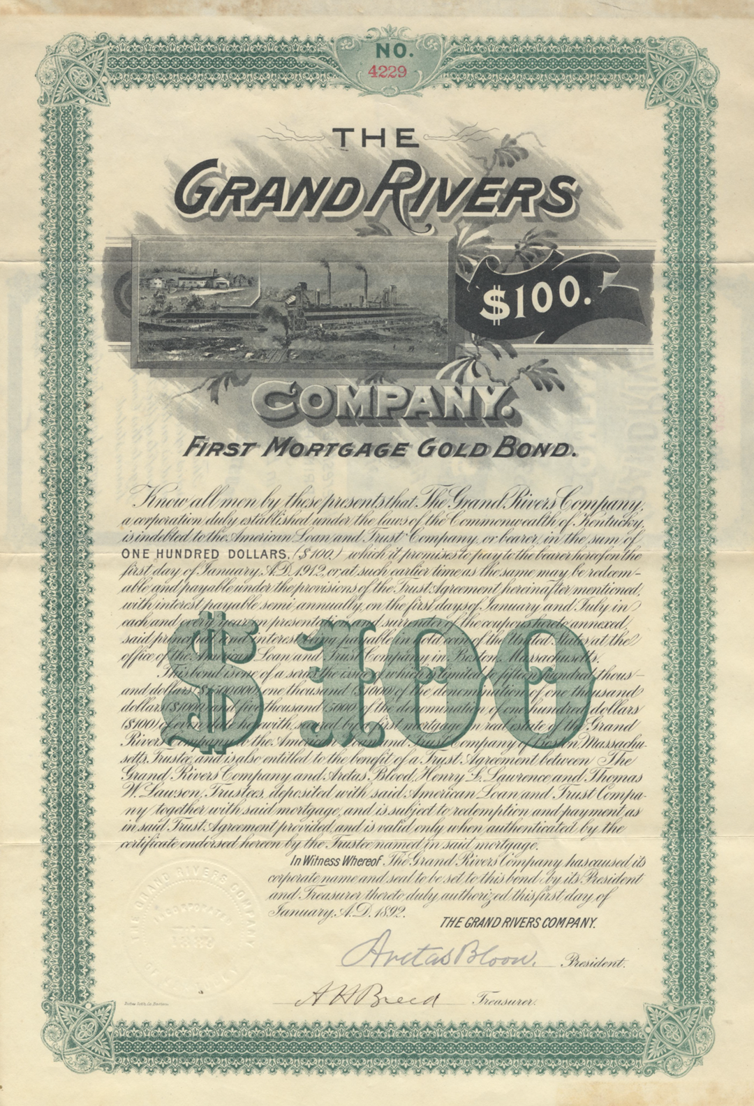 Grand Rivers Company Bond Certificate Signed by Aretas Blood