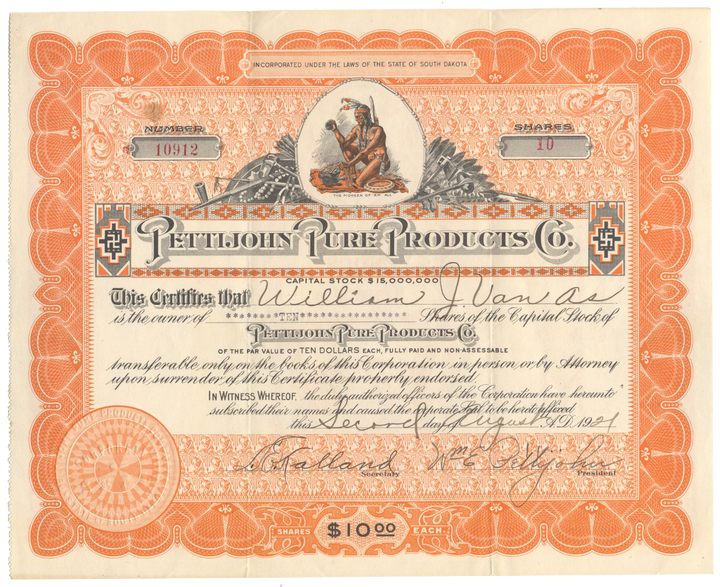 Pettijohn Pure Products Co. Stock Certificate