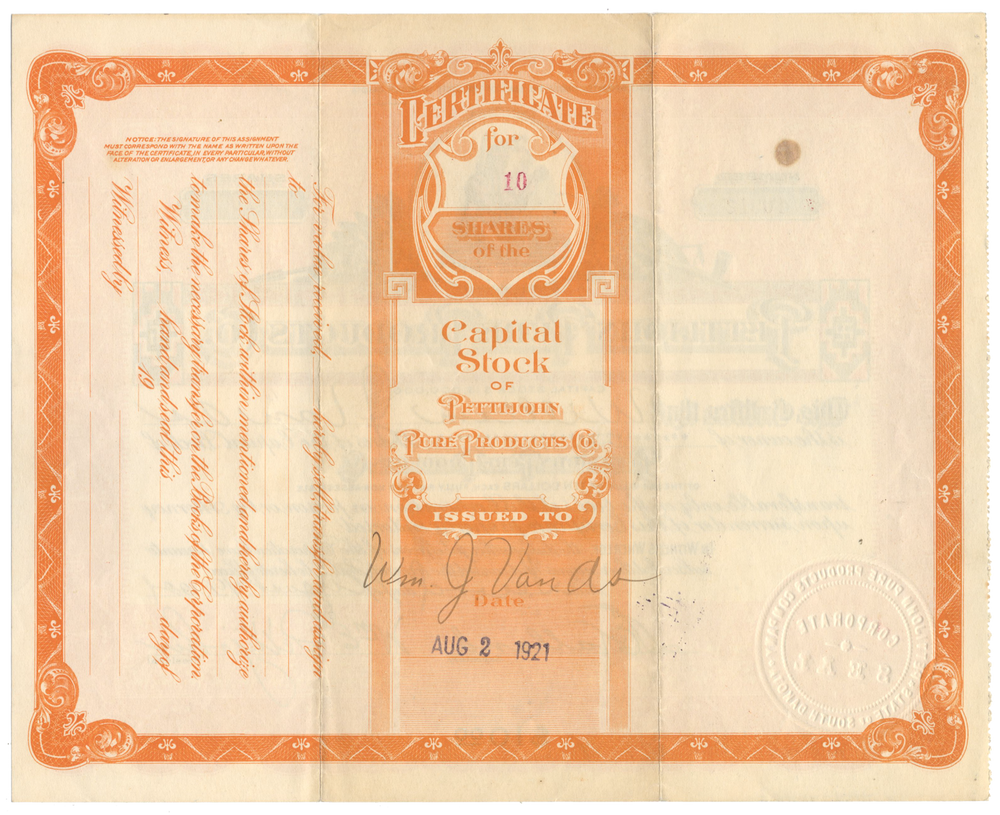 Pettijohn Pure Products Co. Stock Certificate