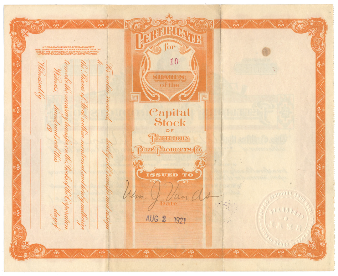 Pettijohn Pure Products Co. Stock Certificate